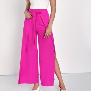 Lulus Bright And Breezy Magenta Tie-front Culotte Side Slit Pants Pink - Size M